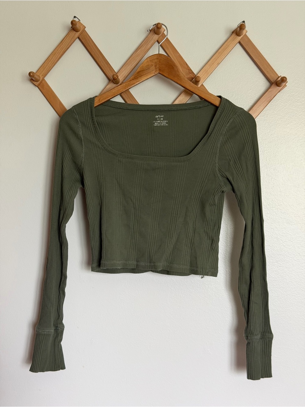 aerie Olive Green Ribbed Long-Sleeve Square Neck Crop Top